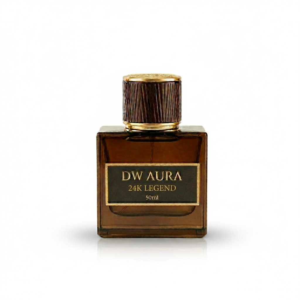 Brown DW Aura perfume bottle with gold cap on a white background