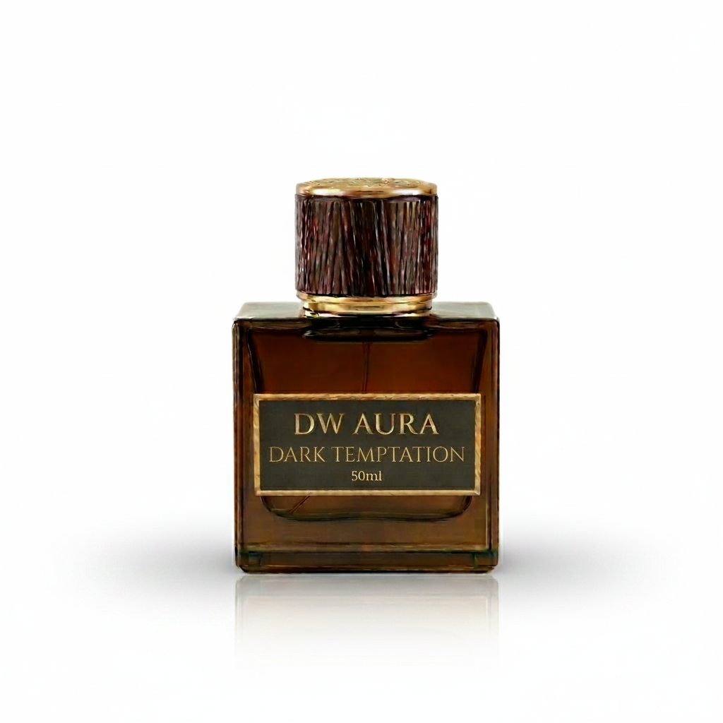 Perfume bottle labeled 'DW Aura Dark Temptation' on a light beige background