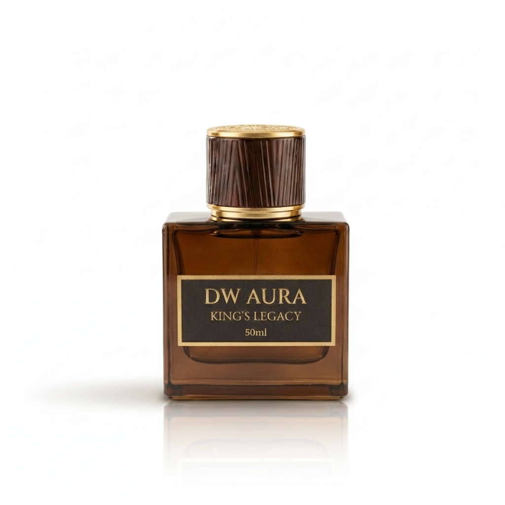 Brown DW Aura Kings Legacy perfume bottle on a white background
