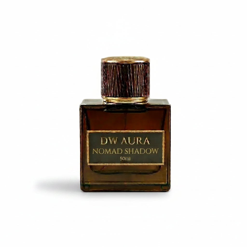 Perfume bottle labeled 'DW Aura Nomad Shadow' on a light gray background