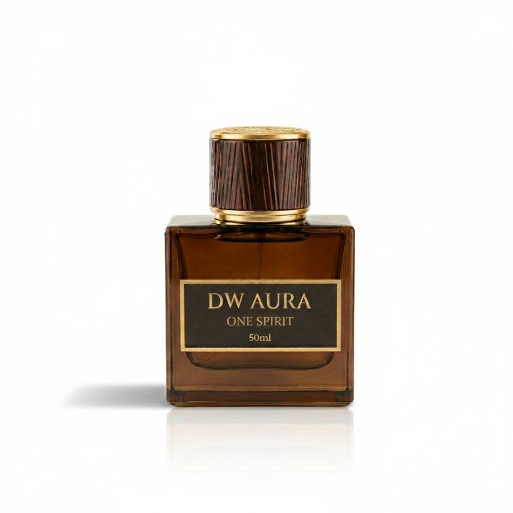 Brown DW Aura perfume bottle with gold cap on a white background