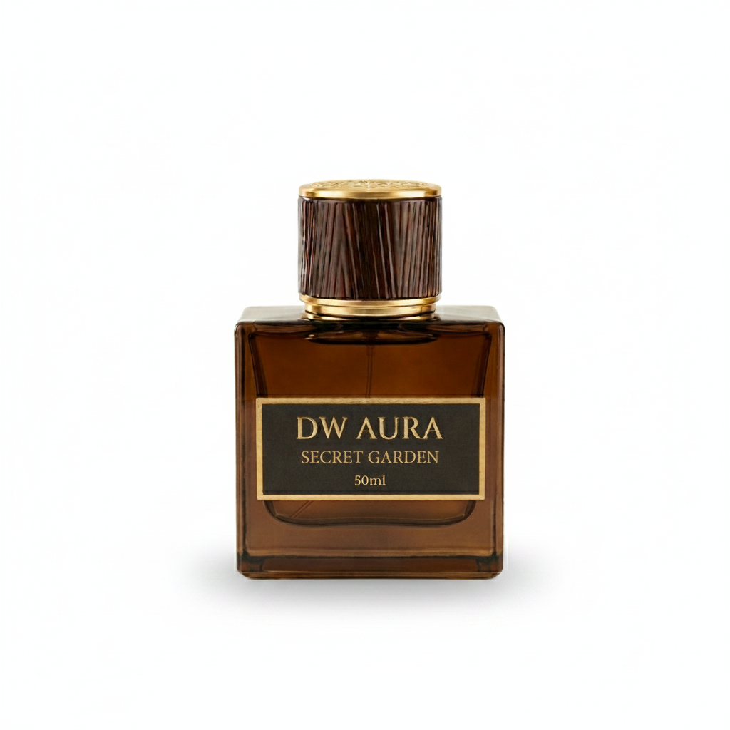 Brown DW Aura Secret Garden perfume bottle on a beige background