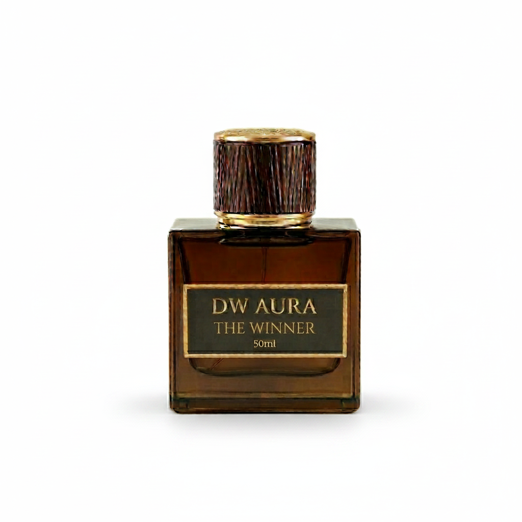 Perfume bottle labeled 'DW Aura The Winner' on a light beige background