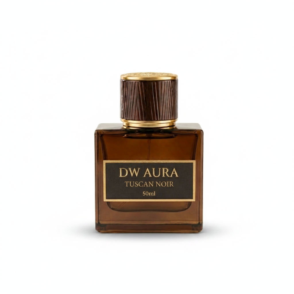 Brown DW Aura Tuscan Noir perfume bottle on a white background