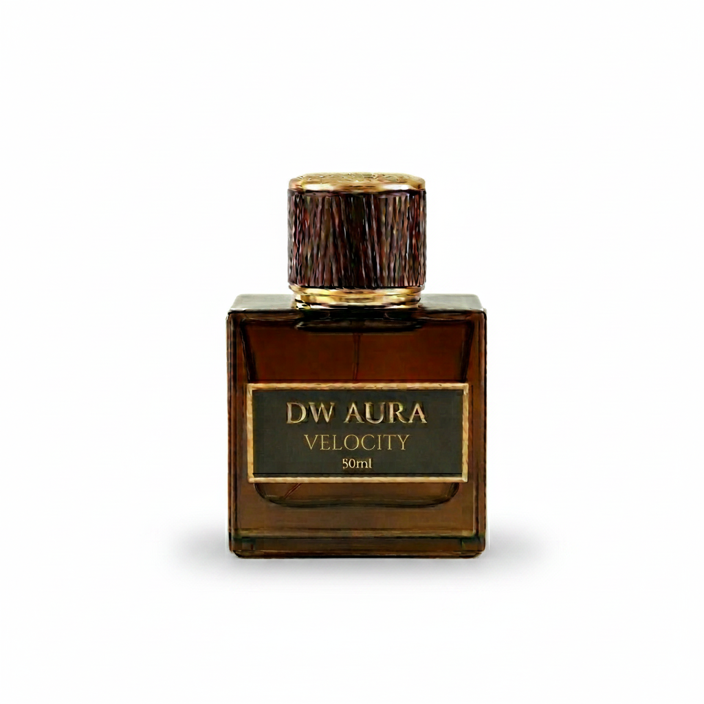 Perfume bottle labeled 'DW Aura Velocity' on a light beige background