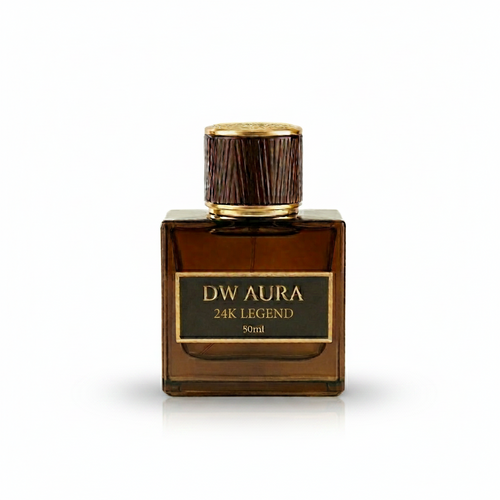 Brown DW Aura perfume bottle with gold cap on a white background