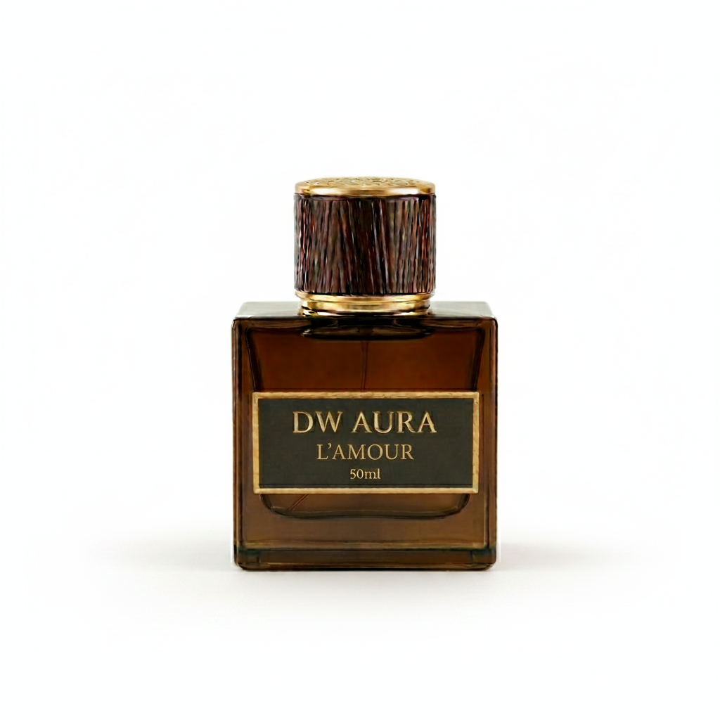Perfume bottle labeled 'DW Aura L'Amour' on a light beige background