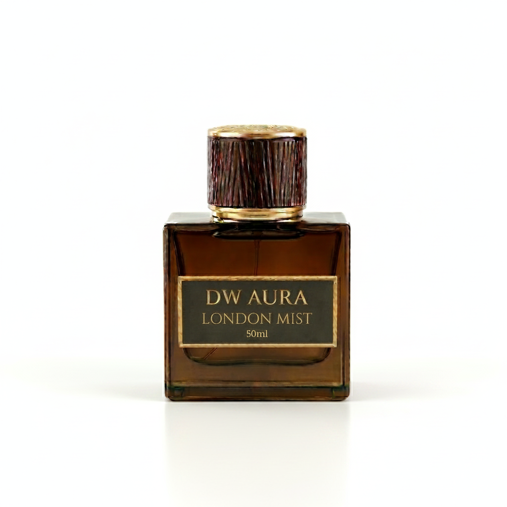 Perfume bottle labeled 'DW Aura London Mist' on a light beige background