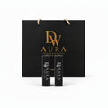 Set of black lipsticks with 'DW Aura' branding in front of a black background with the brand logo.