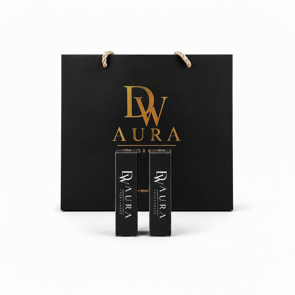 Set of black lipsticks with 'DW Aura' branding in front of a black background with the brand logo.