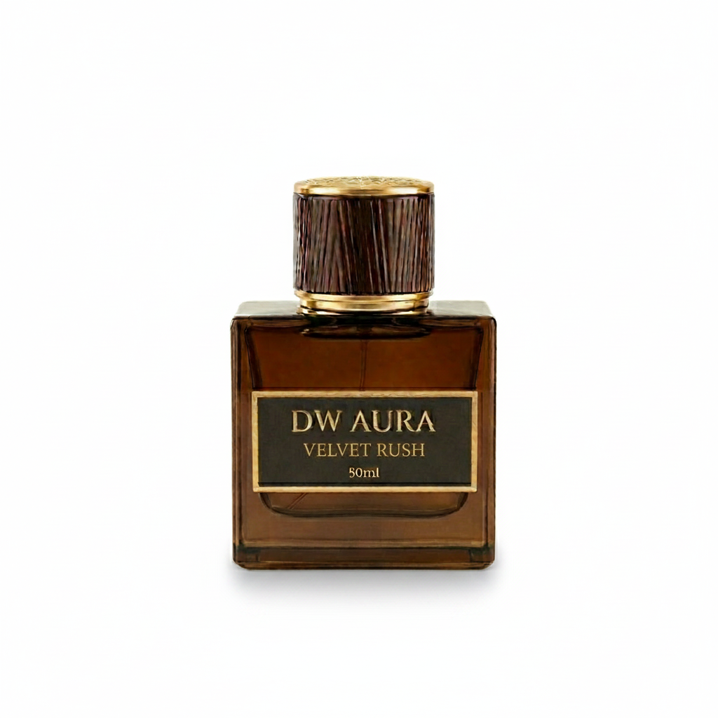 Brown DW Aura perfume bottle with gold cap on a white background